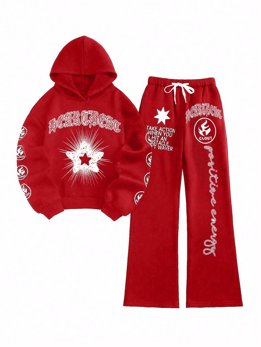 StreetHx Letter And Star Printed Long Sleeve Hoodie And Drawstring Pants 2 Pieces Set For New Year Clothes - Red - View 1