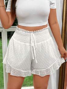 SHEIN Clasi Plus Swiss Dot Tie Front Ruffle Hem Shorts - White - View 5