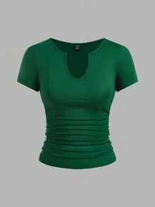 SHEIN EZwear Camiseta de verano para mujer con cuello de muesca y pliegues con unicolor, conjunto de 3 - Verde Oscuro - Ver 9
