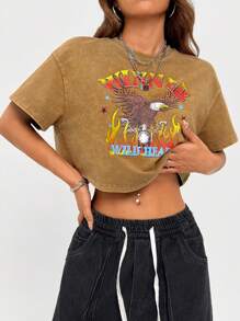 SHEIN EZwear 女款棕色老鷹重洗短袖T恤 - 棕色 - 查看 2
