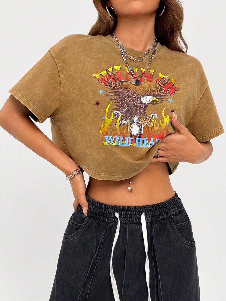 Women's Brown Eagle Heavy-Washed Short T-Shirt