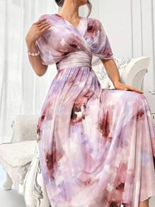 Modelyn 女士优雅长款花卉印花蝙蝠袖连衣裙，夏季长款晚礼服 - 彩色 - 查看 1