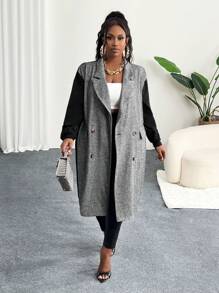 Slaydiva Blazer casual grande taille pour femmes, couleurs bloquées, grille, robuste - Gris - Voir 4