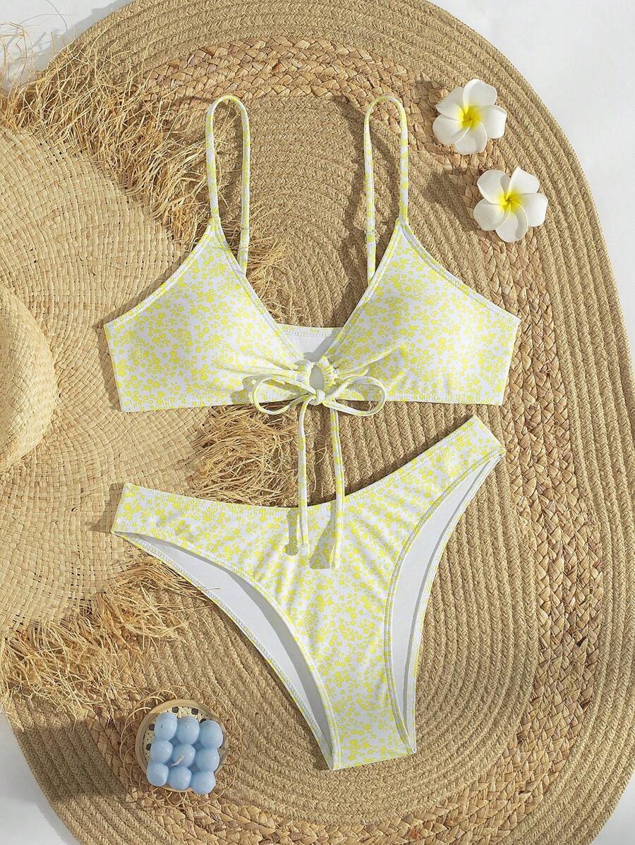 SHEIN Swim Women's Summer Beach Floral Printed Front Tie Sexy Bikini Set, Random Print - Yellow - View 1