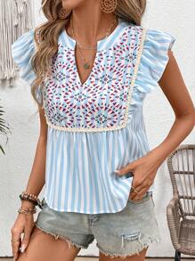 SHEIN VCAY Áo sọc in họa tiết cổ áo Ruffle Trim - Nhiều màu - Xem 3