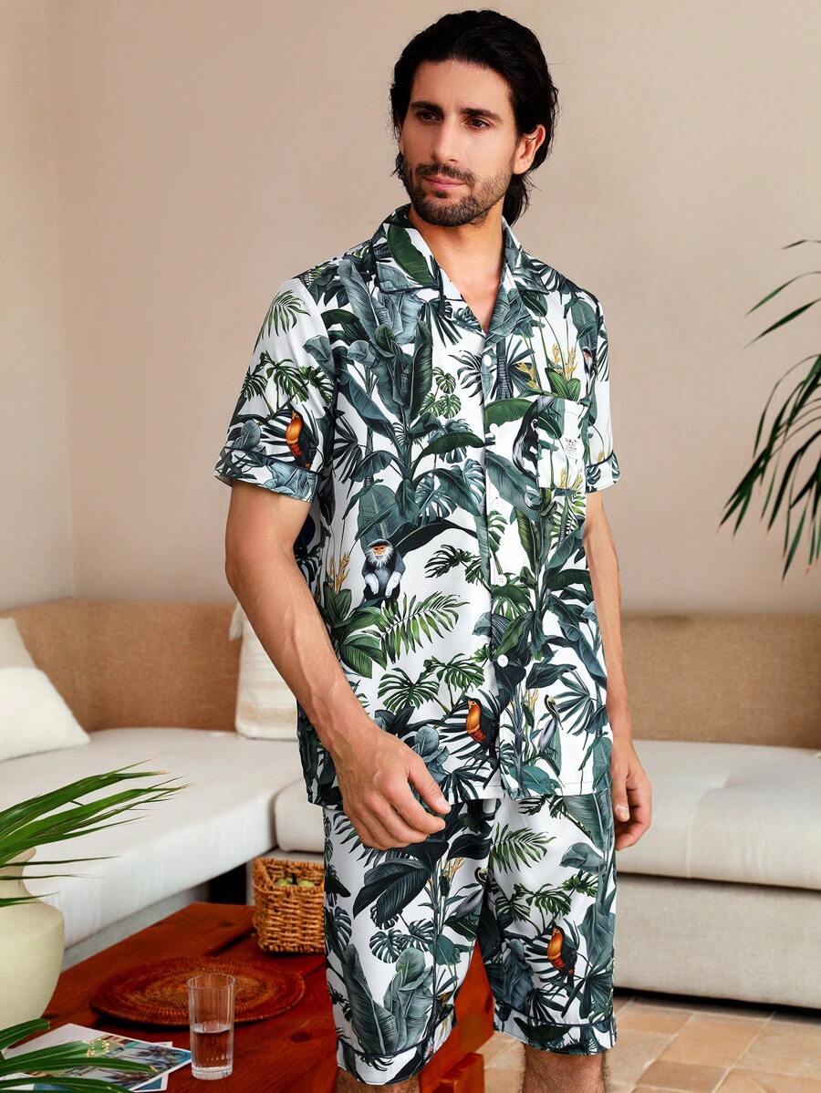 Manfinity ChillVibe Men's Tropical Print Short Sleeve And Shorts Homewear Set - Multicolor - View 1