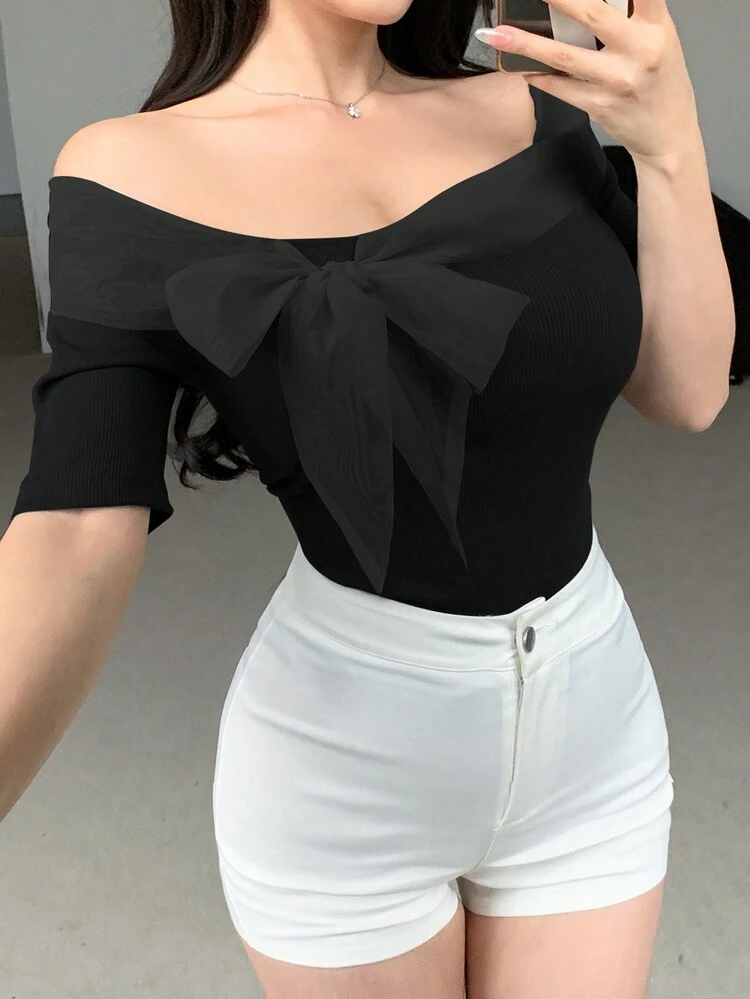 Women Off-Shoulder Contrast Color Bow Decor Fitted Short Sleeve T-Shirt ,New Year Eve Summer,Crop Tops Women,Off Shoulder Top