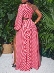 Slaydiva Elegant Striped 3D Floral Dress For Vacation - Red - View 2