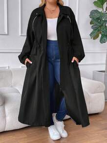 SHEIN CURVE+ Plus Size Women's Solid Color Simple Daily Long Sleeve Jacket Fall Winter Cloth For Women Autumn - Black - View 2