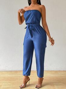 SHEIN SXY 女式夏季休闲牛仔效果露肩连体裤，采用实用设计 - 藏蓝色 - 查看 3