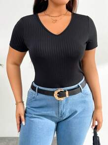 SHEIN Essnce 大码女装夏季新款时尚返校商务女装端庄上衣工作服休闲通勤基本款打底衫麻花针织罗纹面料 V 领黑色短袖上衣 T 恤 - 黑色 - 查看 6