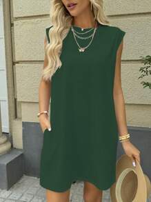 INAWLY Solid Slant Pocket Tunic Dress - Green - View 3