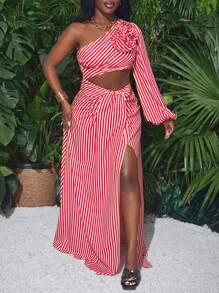 Slaydiva Elegant Striped 3D Floral Dress For Vacation - Red - View 4