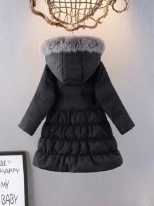 Jong meisje middellange capuchon puffer jas met pluizige en ritssluiting, imitatie leren patchwork