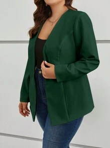 SHEIN Clasi Plus Size Nữ Thanh Lịch Đi Lại Màu Trơn Dài Tay Hở Mặt Trước Phù Hợp Với Mùa Xuân Và Mùa Thu - Màu xanh lá cây đậm - Xem 3
