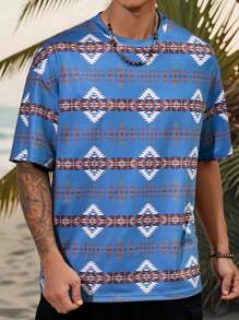 Manfinity RSRT Camiseta de cuello redondo con mangas cortas y estampado maduro Bohemio para hombres en vacaciones
