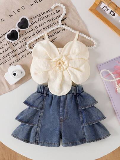 SHEIN Playful Pals 2-Piece Set For Baby Girls With Large Flower Suspenders And Solid Color Tops With Multi-Layered Ruffled Elastic Shorts For Fashionable Summer