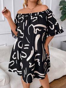 SHEIN CURVE+ Vestido midi de talla grande para mujer con pliegues y estampado - Negro - Ver 6