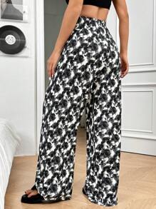SHEIN EZwear Front-Tied Graphic Flower Print Pocketed Wide-Leg Pants,Soft Fabric - Multicolor - View 5