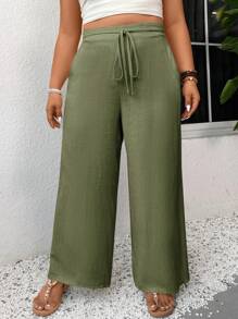 SHEIN Frenchy 大码休闲直筒裤 - 軍綠色 - 查看 4