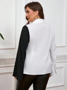 SHEIN Privé Plus Size Women's Casual Color Block Shirt Collar Drop Hem Loose Fit Long Sleeve Shirt, Spring/Fall - Black and White - View 7