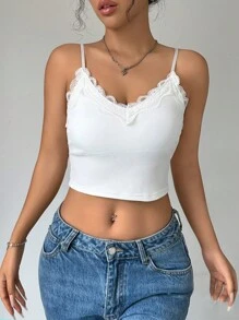 Chiquease Lace Patchwork Camisole With Solid Color Spaghetti Strap And Cup