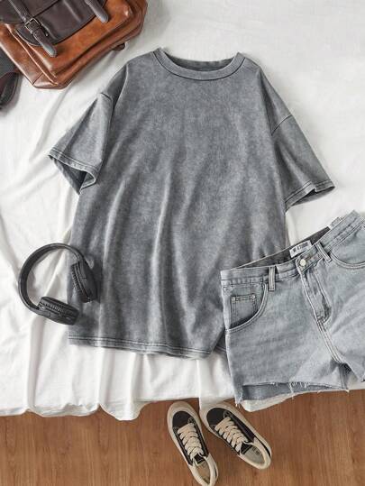 Comfortcana 加大碼酸洗復古針織損壞感寬鬆短袖T恤