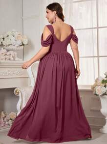 UNITHORSE Plus Size Women Off Shoulder Short Sleeve Chiffon Bride Dress - Red Violet - View 2