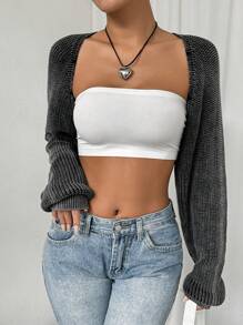 SHEIN EZwear 女士纯色简约日常长袖短款开衫，秋冬季长袖上衣 - 灰色 - 查看 5