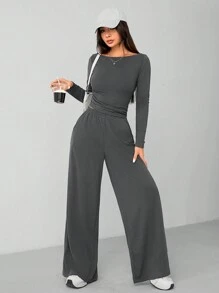SHEIN PETITE Autumn And Winter Women's Knitted Slim Top + Wide Leg Pants Casual And Comfortable Home Dark Gray Two-Piece Set - Grey - View 3