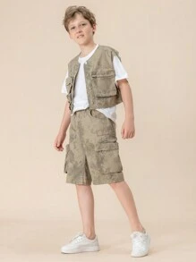 Tween Boys Casual Denim Suit With Multi-Pocket Design, Fashionable Cargo Style, Stonewashed - Army Green - View 3