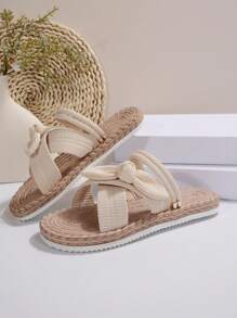 新款时尚百搭女士沙滩凉鞋，防滑、保护脚趾、蝴蝶结装饰平底一脚蹬凉鞋 - 米色 - 查看 2