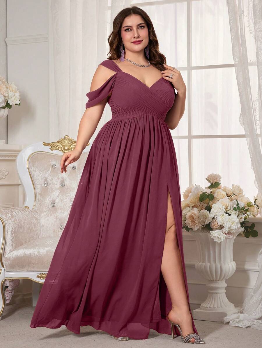 UNITHORSE Plus Size Women Off Shoulder Short Sleeve Chiffon Bride Dress - Red Violet - View 1