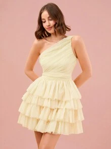 Enchnt 女性夏季實色不對稱領口荷葉邊分層網紗連衣裙 - 黃色 - 查看 6