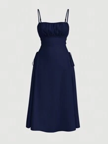 SHEIN MOD 大码女式纯色褶皱侧腰系带长款休闲背心裙，夏季