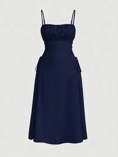 SHEIN MOD 大码女式纯色褶皱侧腰系带长款休闲背心裙，夏季