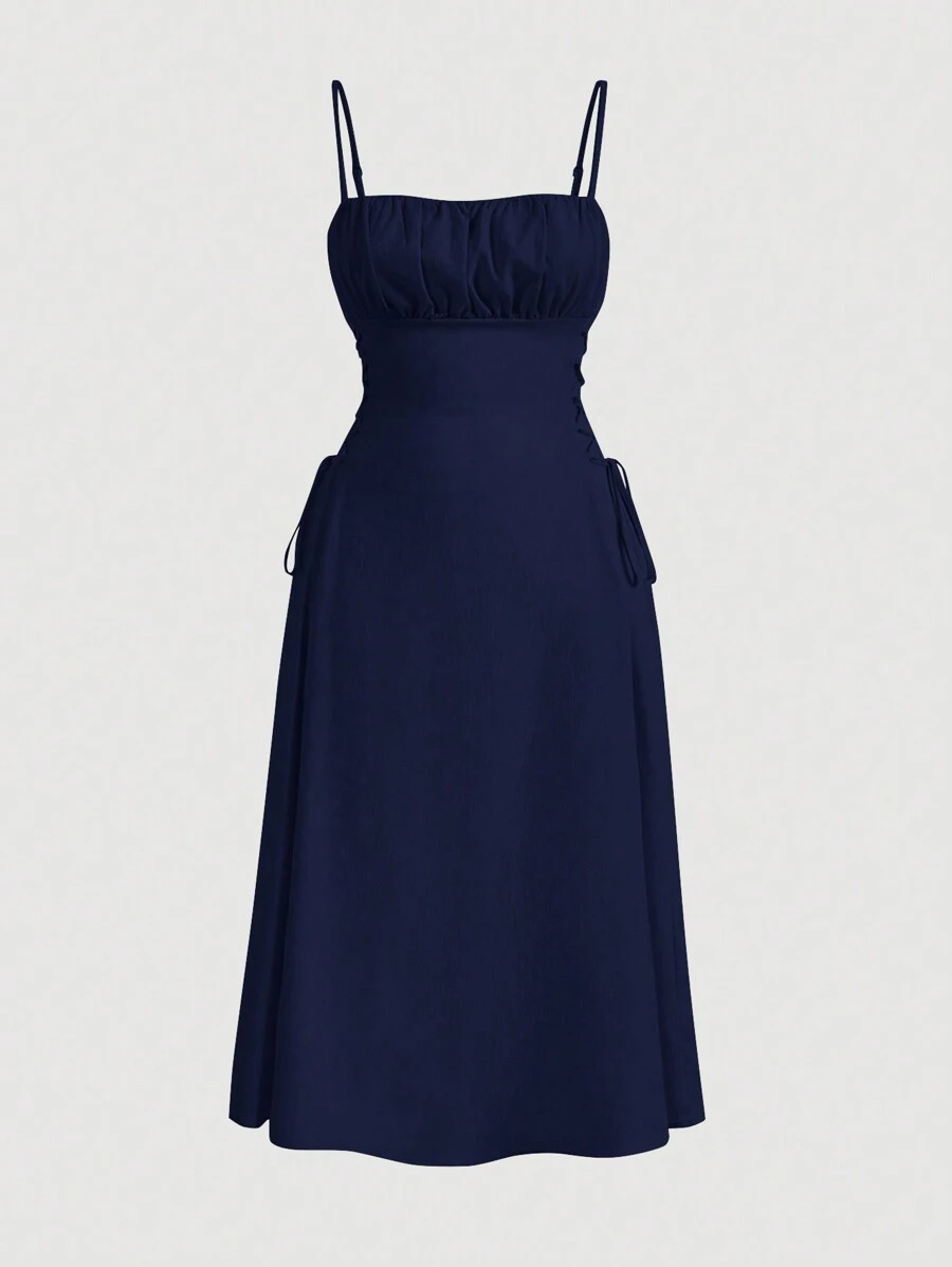 SHEIN MOD 大码女式纯色褶皱侧腰系带长款休闲背心裙，夏季