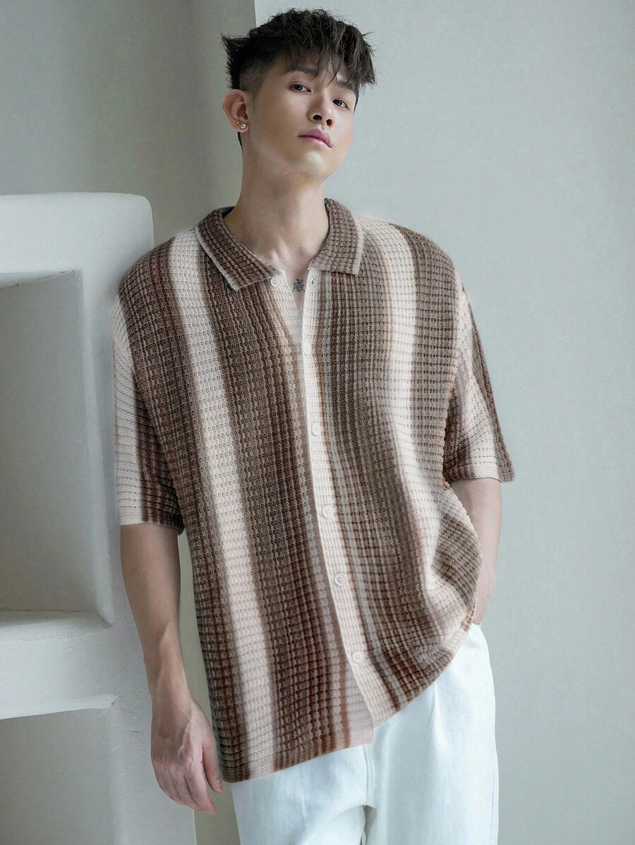 DAZY Men's Striped Knit Casual Summer Top With Contrast Color - Brown - View 1