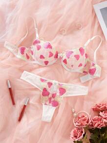 PetitDoll 2入組女款草莓刺繡文胸和內褲套裝 - 彩色 - 查看 8