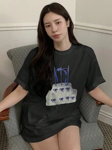 DAZY 女士鬆身短袖T恤，印花圖案，款式多變 - 黑色 - 查看 3