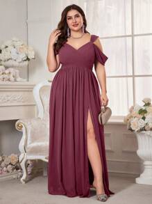 UNITHORSE Plus Size Women Off Shoulder Short Sleeve Chiffon Bride Dress - Red Violet - View 6