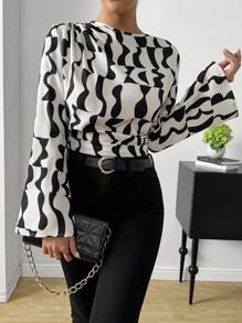 SHEIN Privé Áo sơ mi tay loe in hình Geo - Màu be - Xem 4