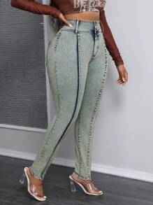 SHEIN SXY Old Money Plus Size Denim Stretch Fashion Snowflake Leggings - Blue - View 4