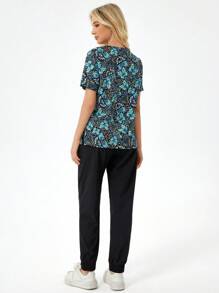 TaskEZ 1 件热带印花抽绳腰部磨砂制服上衣和 1 件运动裤 - 彩色 - 查看 2