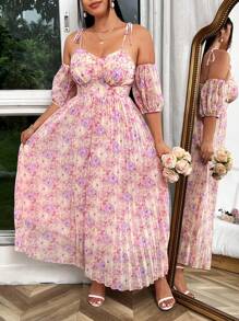 Sunnyshic Plus Size Women's Random Printed Romantic Pleated Long Dress