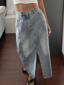 DAZY Women's Denim Skirt With Washed Effect, Front Button Closure, Side Slits And Pockets - Light Wash - View 7