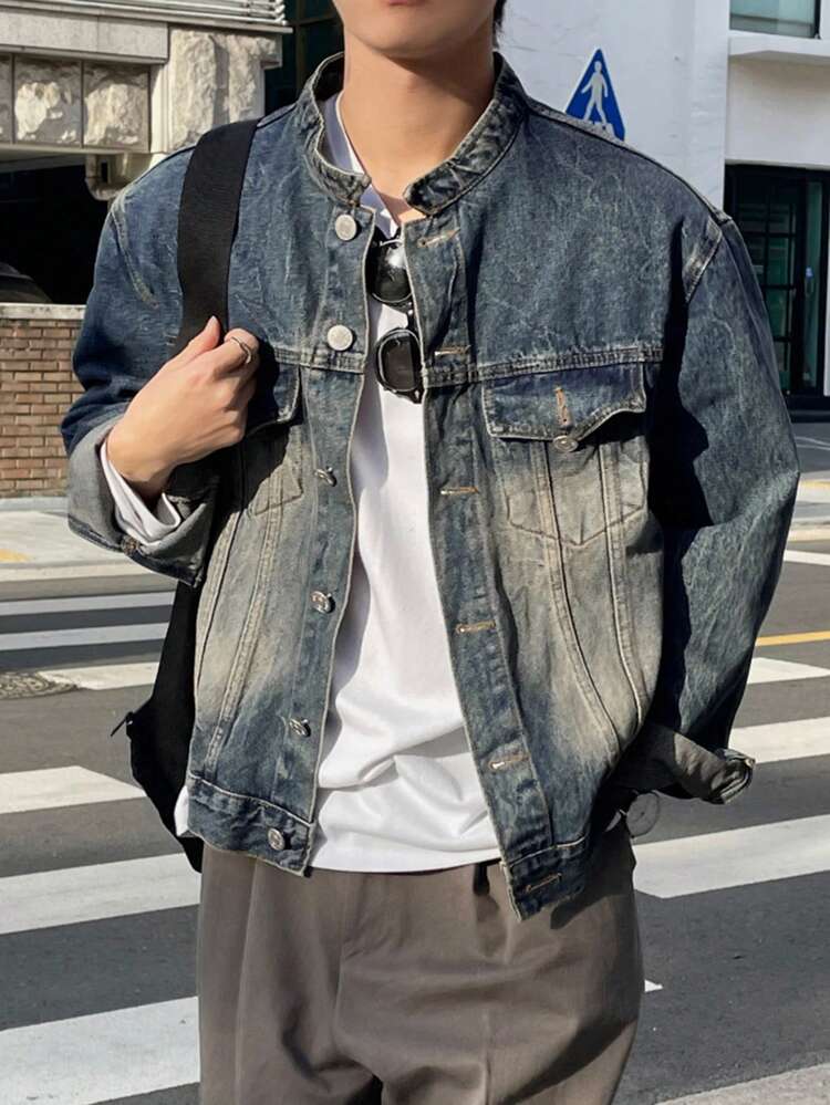 Men Flap Pocket Denim Jacket For Daily Wear Fall, Winter
