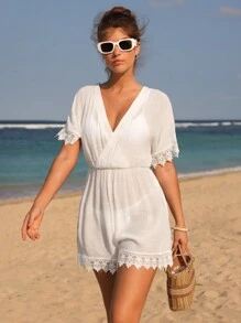 SHEIN Swim Women's Solid Color Simple Daily Short Sleeve Cover Up Summer - White - View 3