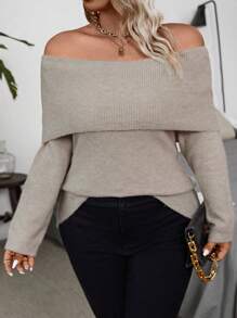 Flirla Plus Size Sexy Off Shoulder Ribbed Fashionable And Charming Slouchy Long Sleeve Sweater Knit Pullover Fall Winter - Khaki - View 5
