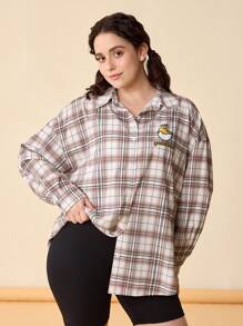 Gudetama X SHEIN 大碼休閒可愛寬鬆Melrad街頭服風格卡其襯衫，蛋及字母格紋印花圖案，適用於秋季 - 彩色 - 查看 6